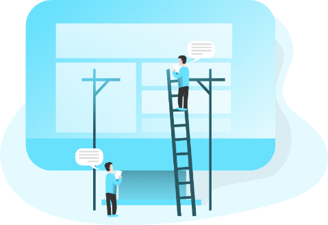 画像：画面を前に相談する男性2人